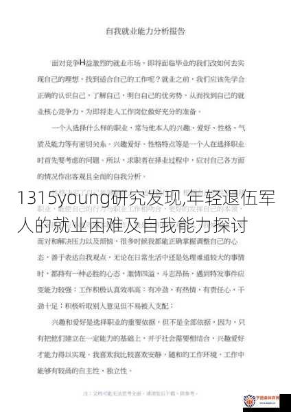 1315young研究发现,年轻退伍军人的就业困难及自我能力探讨